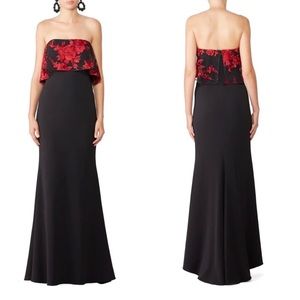 Badgley Mischka Floral Lace Embroidered Strapless Popover Gown Black Red Sz 4